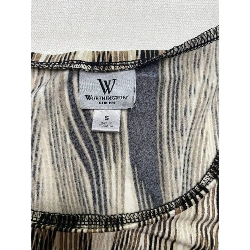 Worthington Brown Cream Black Stretch Knit‎ Ruched Sleeve Top sz Small